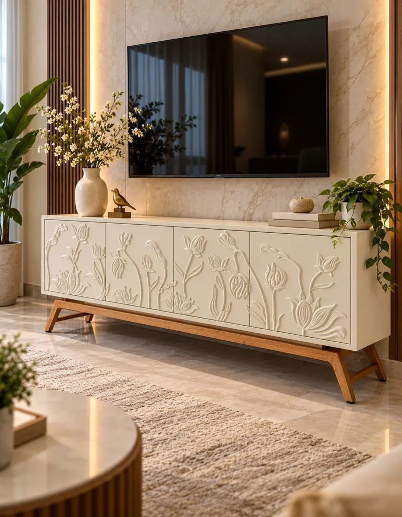 Elora Bloom floral design TV cabinet with raised botanical doors and wood-look base