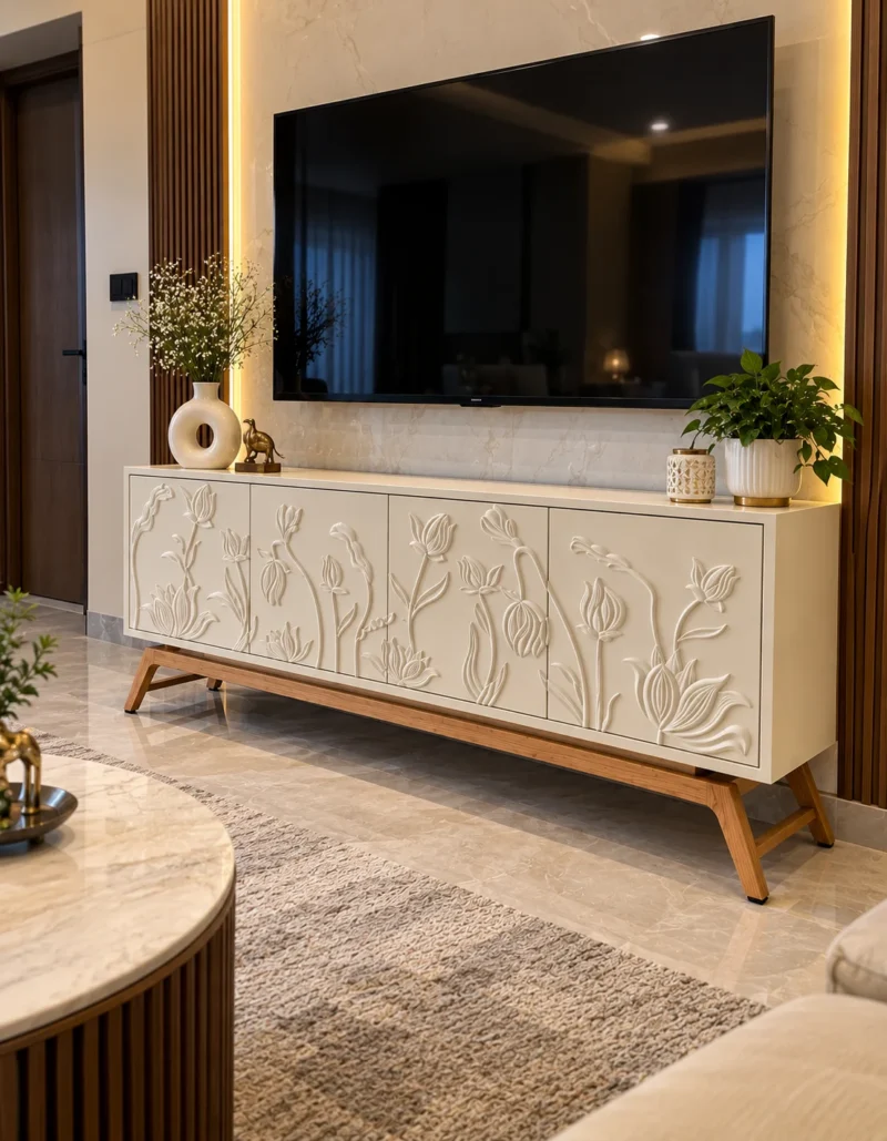 Elora Bloom floral design TV cabinet with raised botanical doors and wood-look base