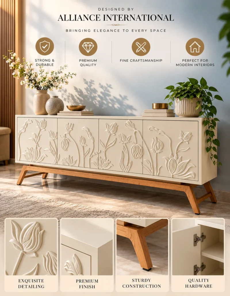 Elora Bloom floral design TV cabinet with raised botanical doors and wood-look base