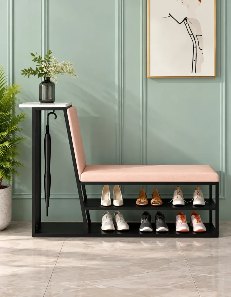 Elora shoe rack with umbrella holder, cushioned bench and two-tier shoe storage