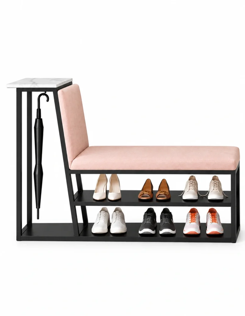 Elora shoe rack with umbrella holder, cushioned bench and two-tier shoe storage