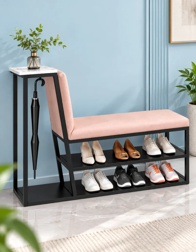 Elora shoe rack with umbrella holder, cushioned bench and two-tier shoe storage