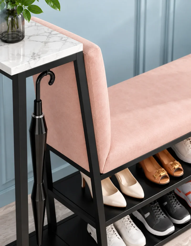 Elora shoe rack with umbrella holder, cushioned bench and two-tier shoe storage