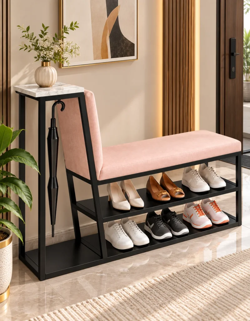 Elora shoe rack with umbrella holder, cushioned bench and two-tier shoe storage