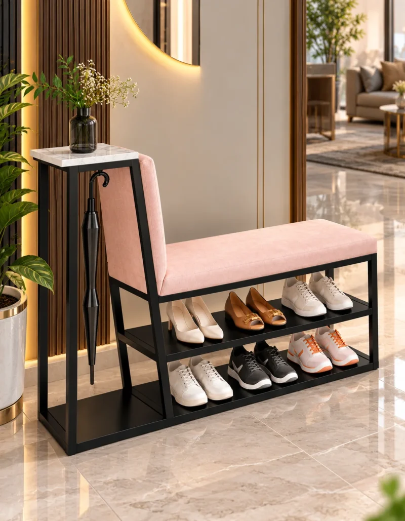 Elora shoe rack with umbrella holder, cushioned bench and two-tier shoe storage