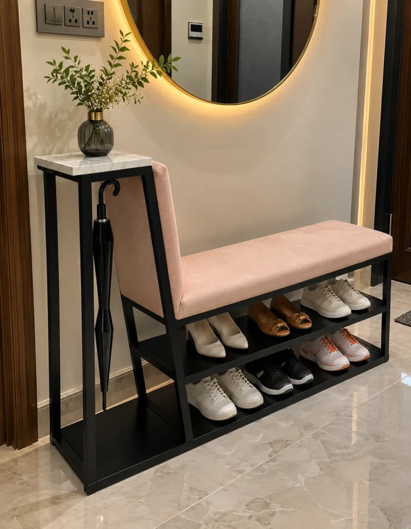 Elora shoe rack with umbrella holder, cushioned bench and two-tier shoe storage