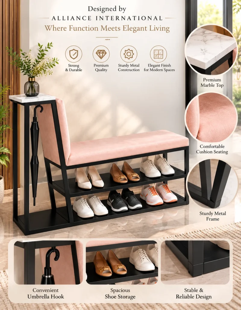 Elora shoe rack with umbrella holder, cushioned bench and two-tier shoe storage