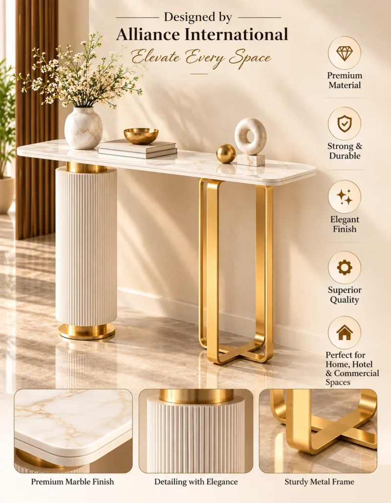 Elvara Luxe asymmetrical console table with marble-style top and gold frame