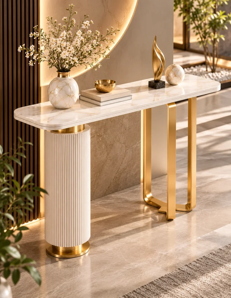Elvara Luxe asymmetrical console table with marble-style top and gold frame