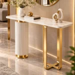 Elvara Luxe asymmetrical console table with marble-style top and gold frame