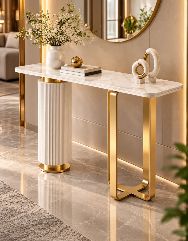 Elvara Luxe asymmetrical console table with marble-style top and gold frame