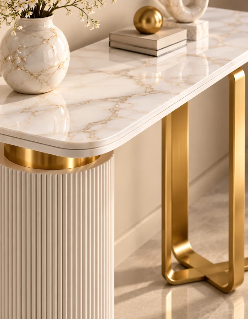 Elvara Luxe asymmetrical console table with marble-style top and gold frame