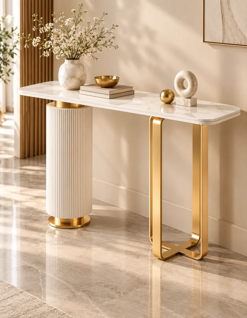 Elvara Luxe asymmetrical console table with marble-style top and gold frame