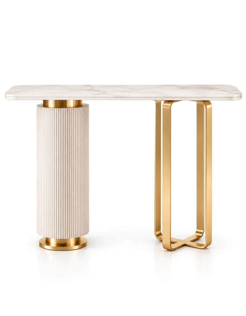 Elvara Luxe asymmetrical console table with marble-style top and gold frame