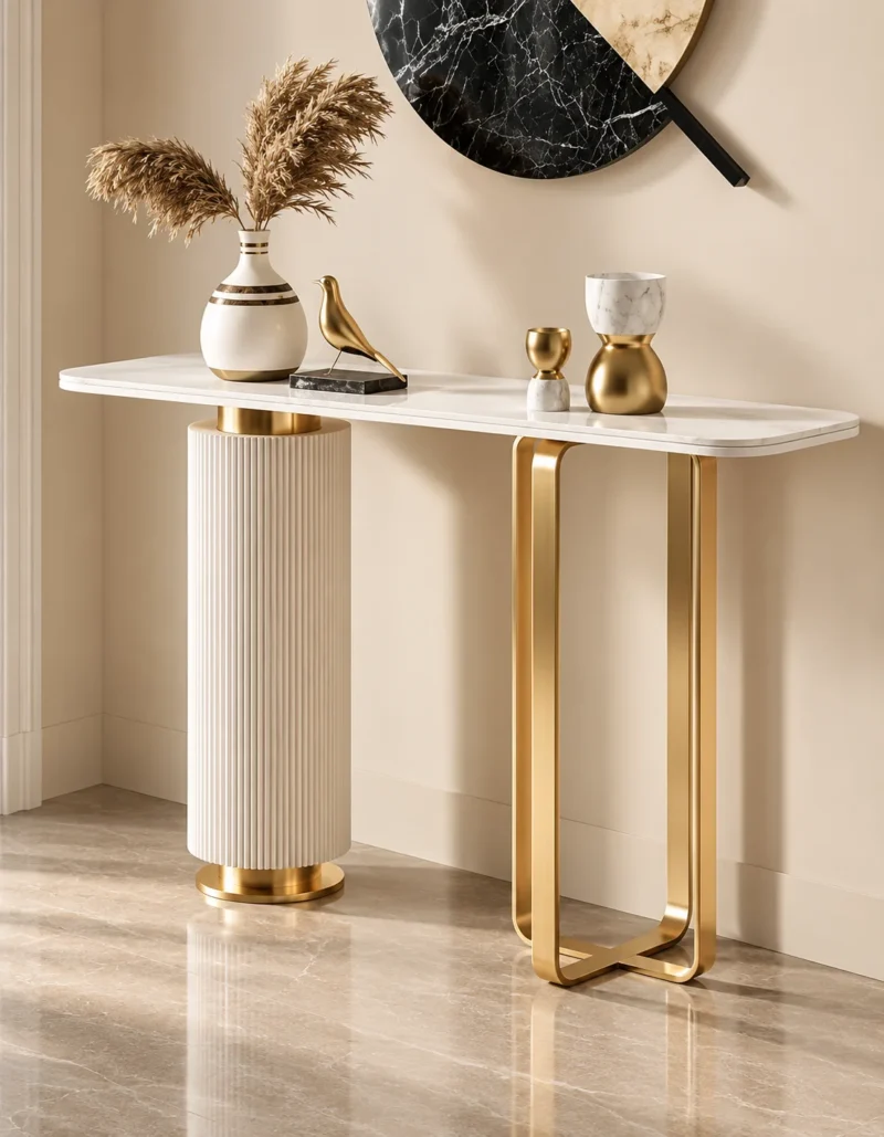 Elvara Luxe asymmetrical console table with marble-style top and gold frame