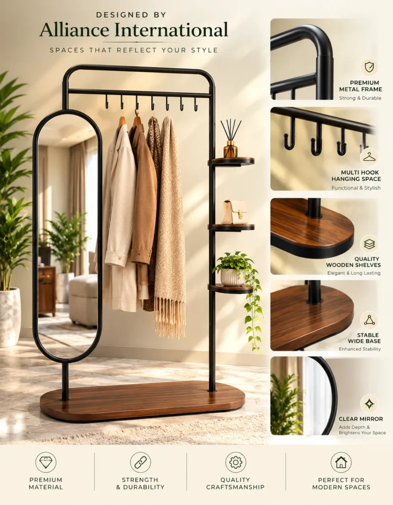 Elvara standing mirror with garment rack and shelves in black stainless steel frame