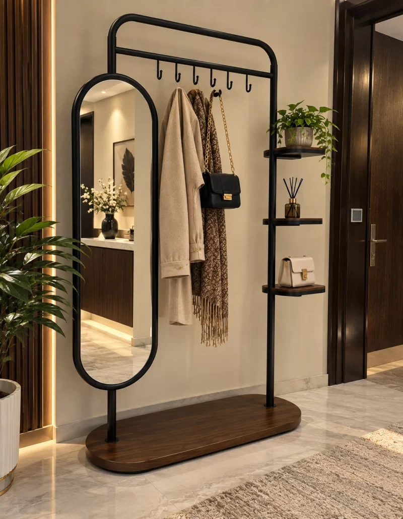 Elvara standing mirror with garment rack and shelves in black stainless steel frame
