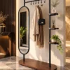 Elvara standing mirror with garment rack and shelves in black stainless steel frame