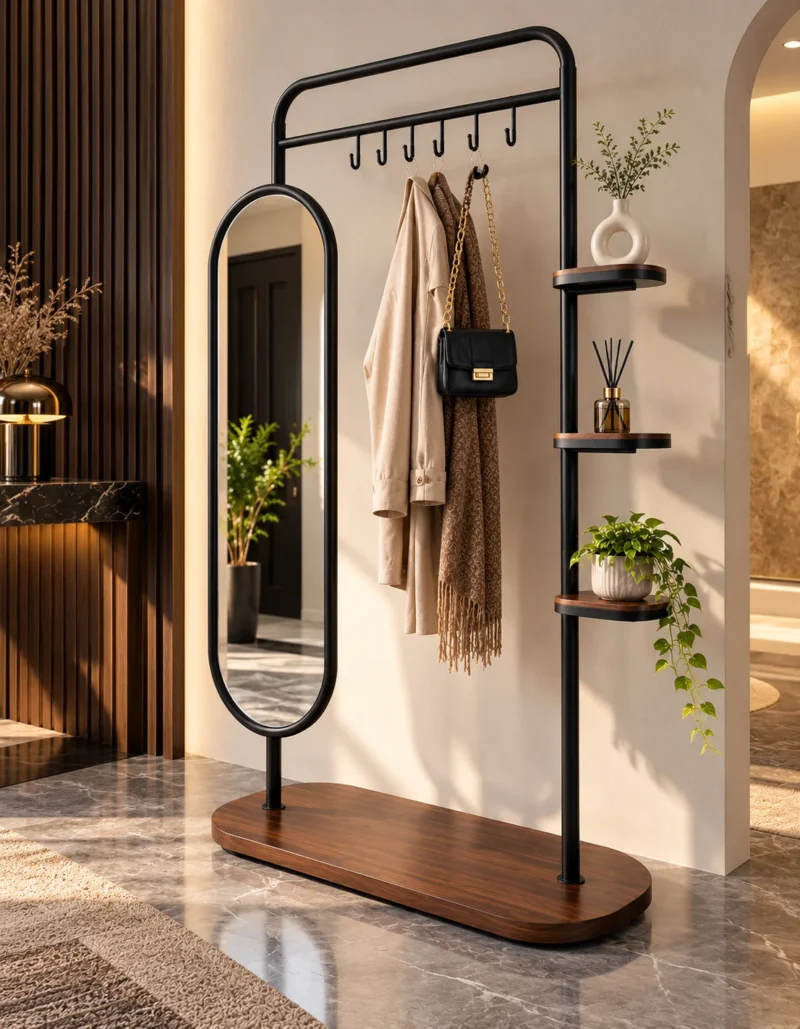 Elvara standing mirror with garment rack and shelves in black stainless steel frame