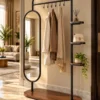 Elvara standing mirror with garment rack and shelves in black stainless steel frame
