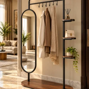 Elvara standing mirror with garment rack and shelves in black stainless steel frame
