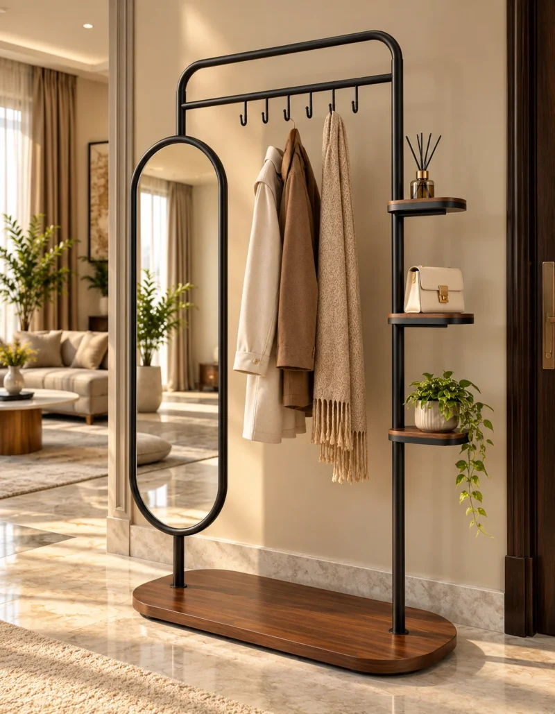 Elvara standing mirror with garment rack and shelves in black stainless steel frame