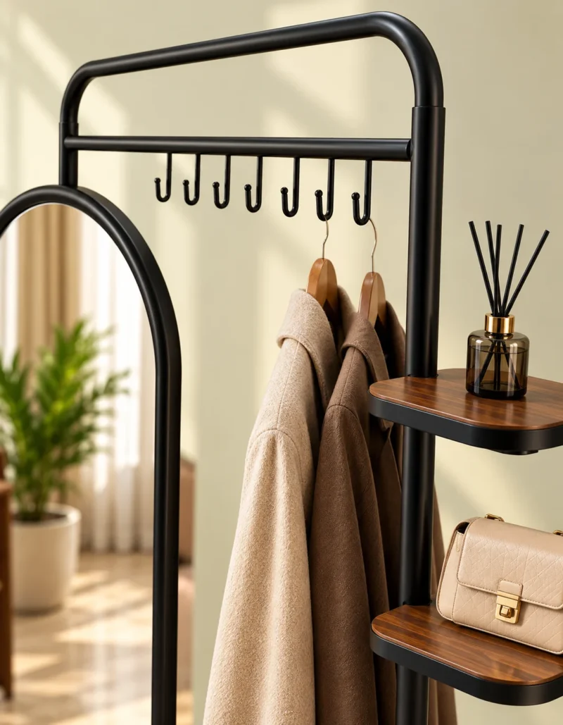 Elvara standing mirror with garment rack and shelves in black stainless steel frame