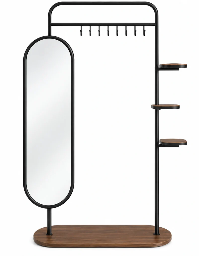 Elvara standing mirror with garment rack and shelves in black stainless steel frame