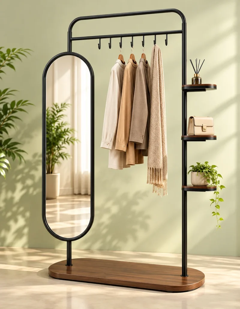 Elvara standing mirror with garment rack and shelves in black stainless steel frame