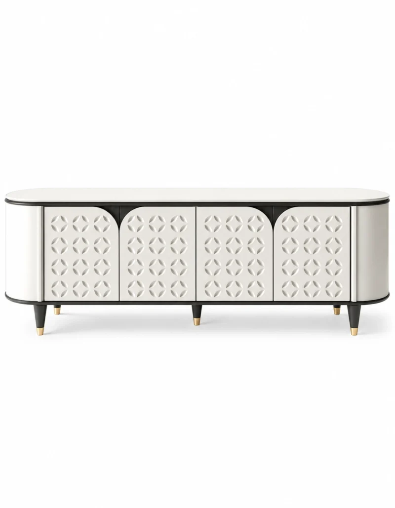 Elvora Geo geometric TV cabinet with storage and white decorative doors