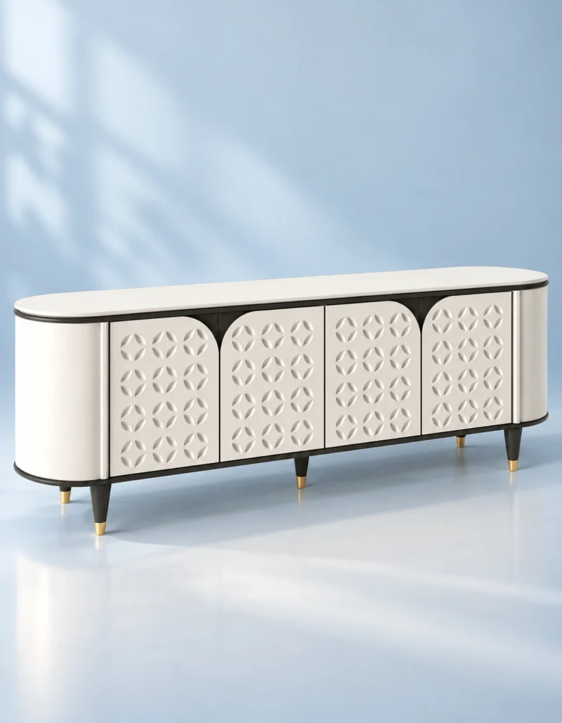 Elvora Geo geometric TV cabinet with storage and white decorative doors