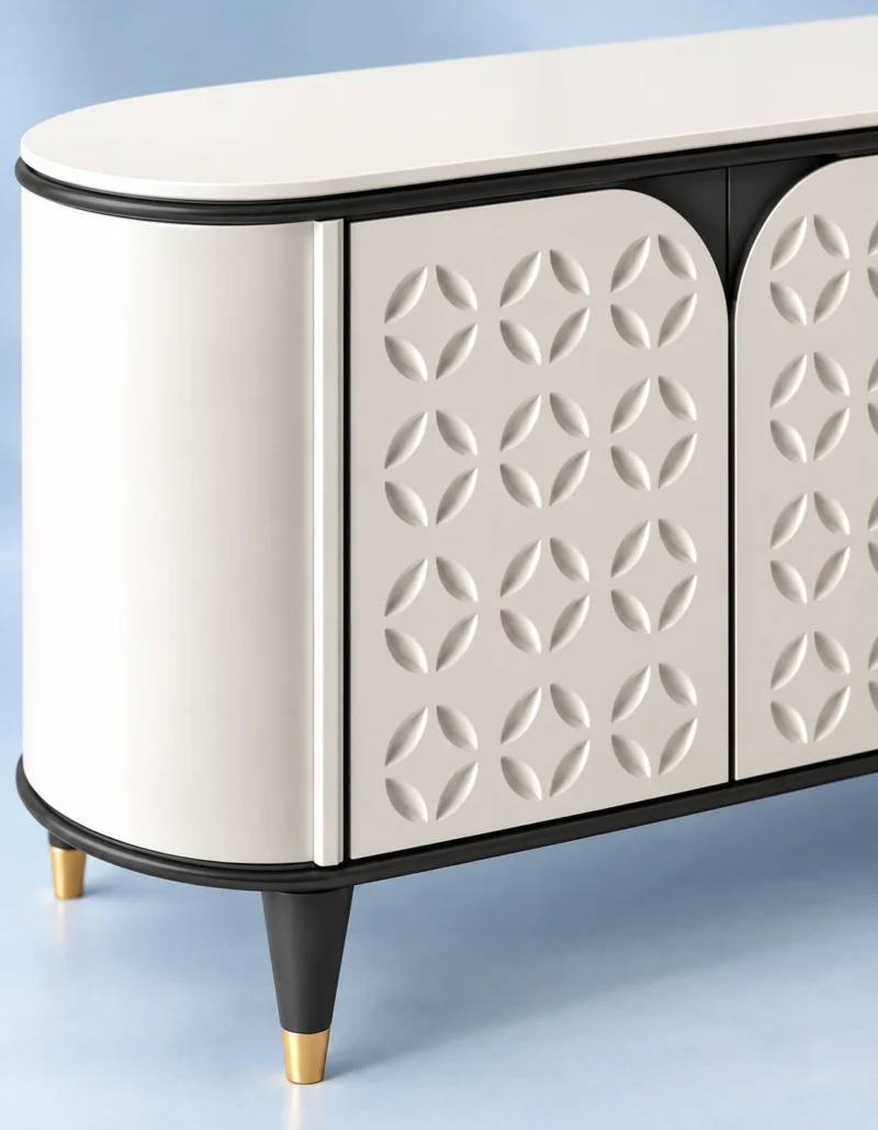 Elvora Geo geometric TV cabinet with storage and white decorative doors