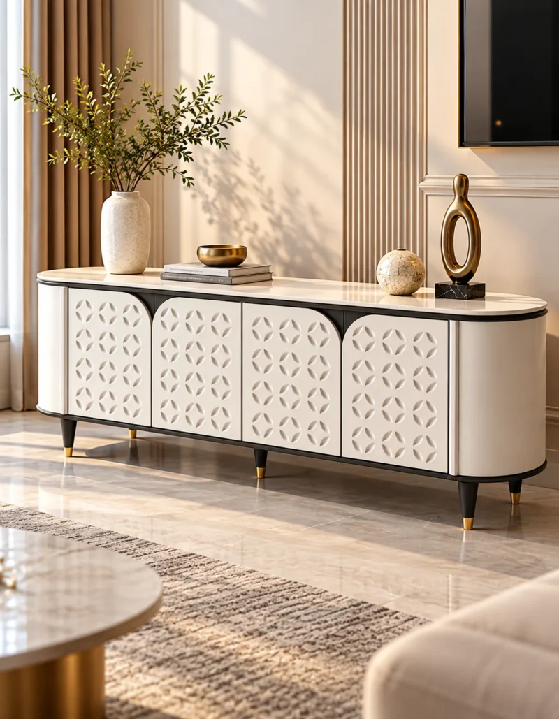 Elvora Geo geometric TV cabinet with storage and white decorative doors