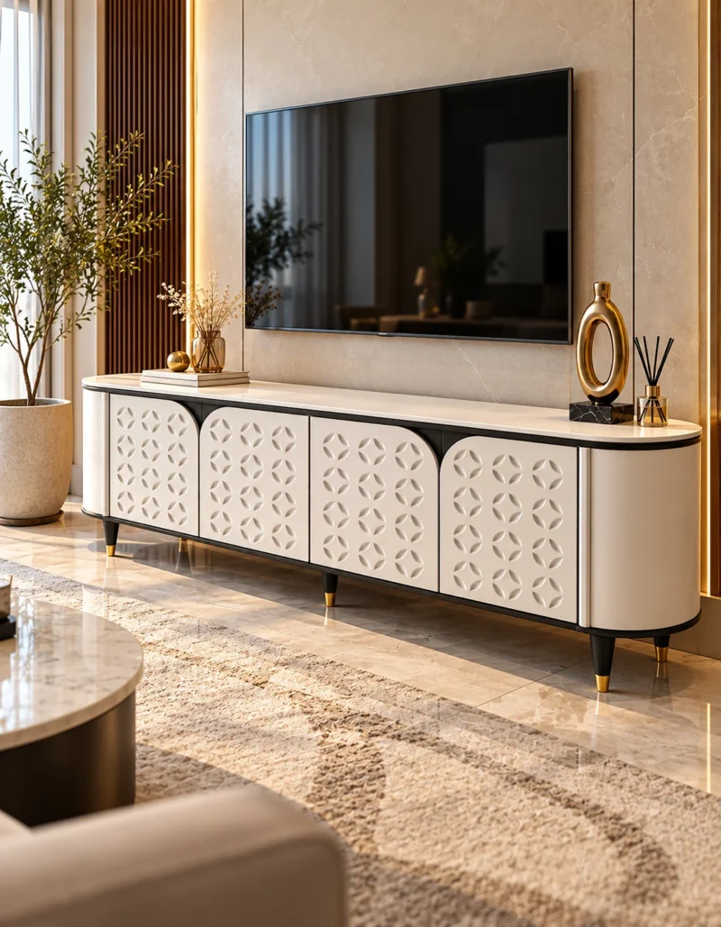 Elvora Geo geometric TV cabinet with storage and white decorative doors