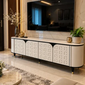 Elvora Geo geometric TV cabinet with storage and white decorative doors