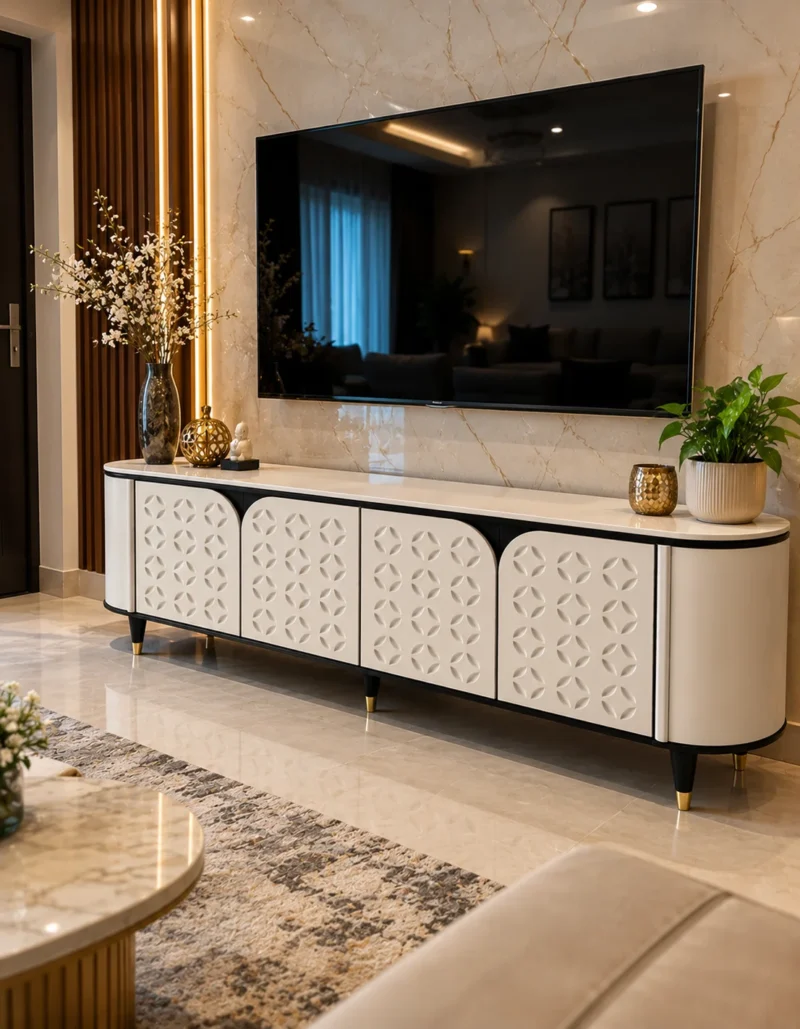 Elvora Geo geometric TV cabinet with storage and white decorative doors