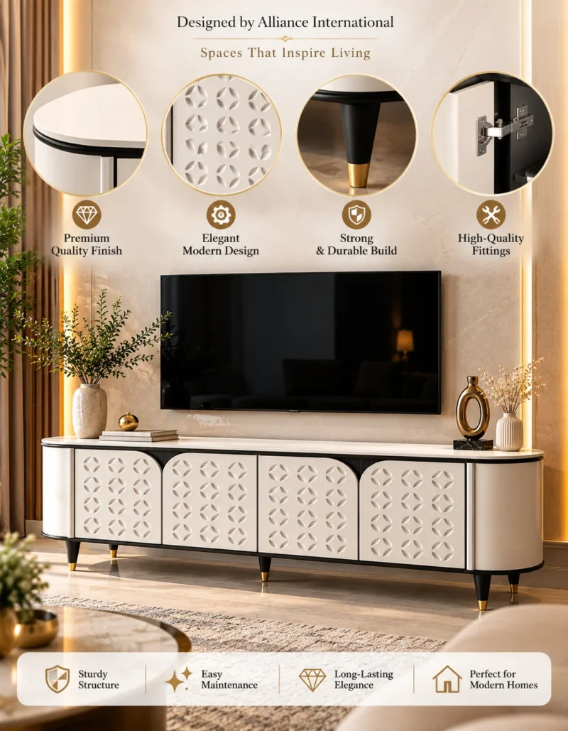 Elvora Geo geometric TV cabinet with storage and white decorative doors