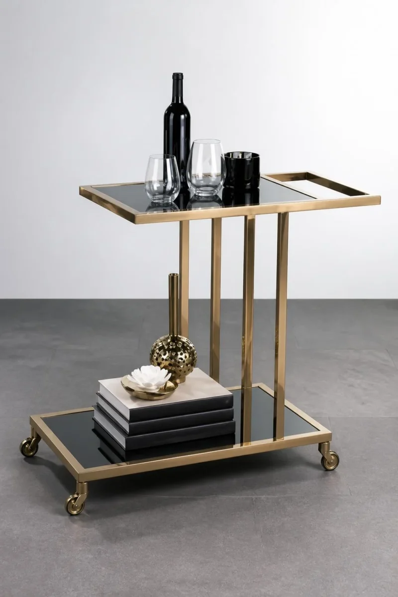 Elvora Luxe modern bar serving trolley with gold frame