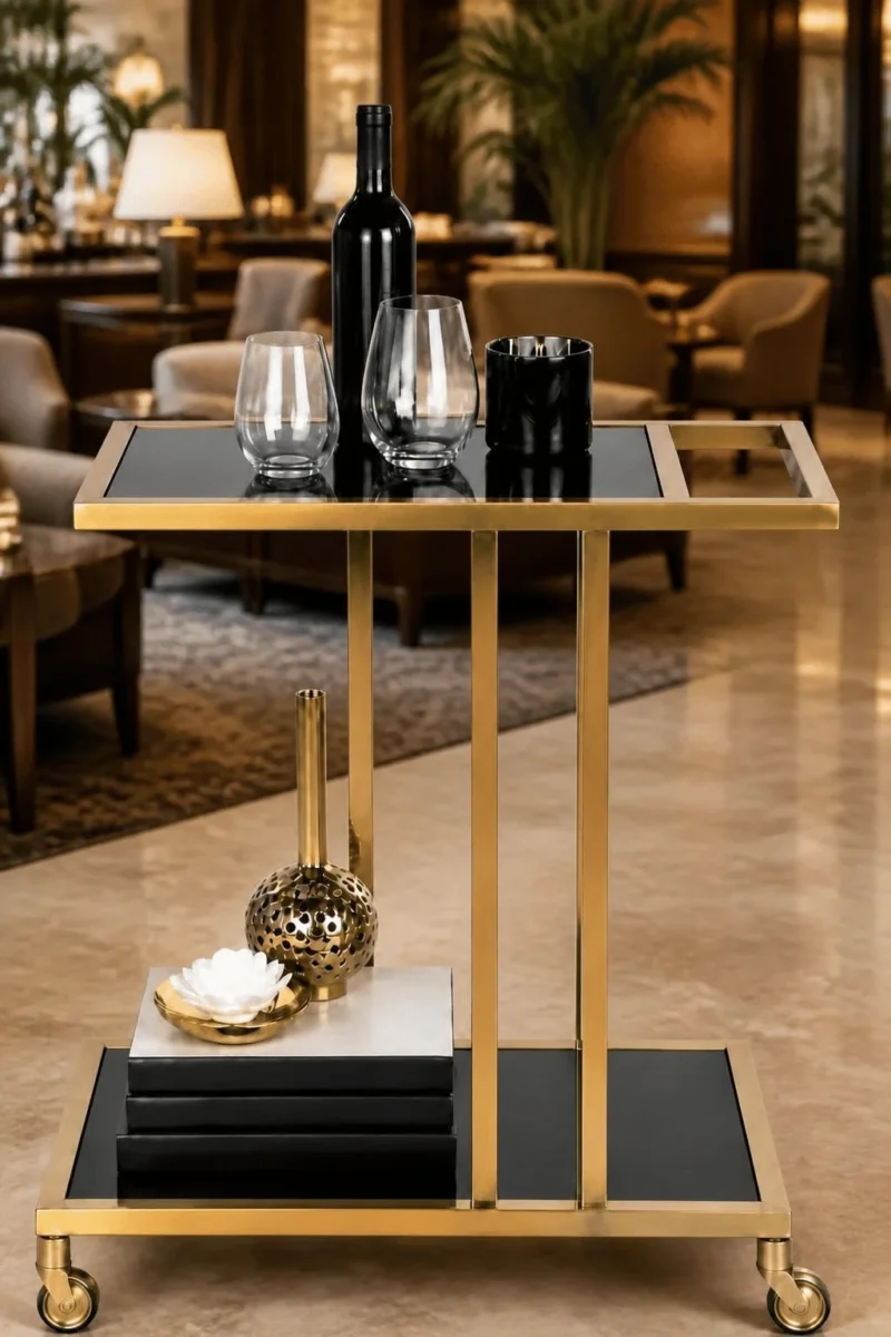 Elvora Luxe modern bar serving trolley with gold frame
