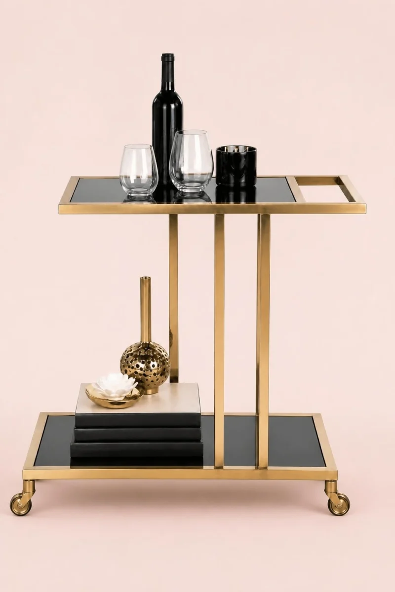 Elvora Luxe modern bar serving trolley with gold frame