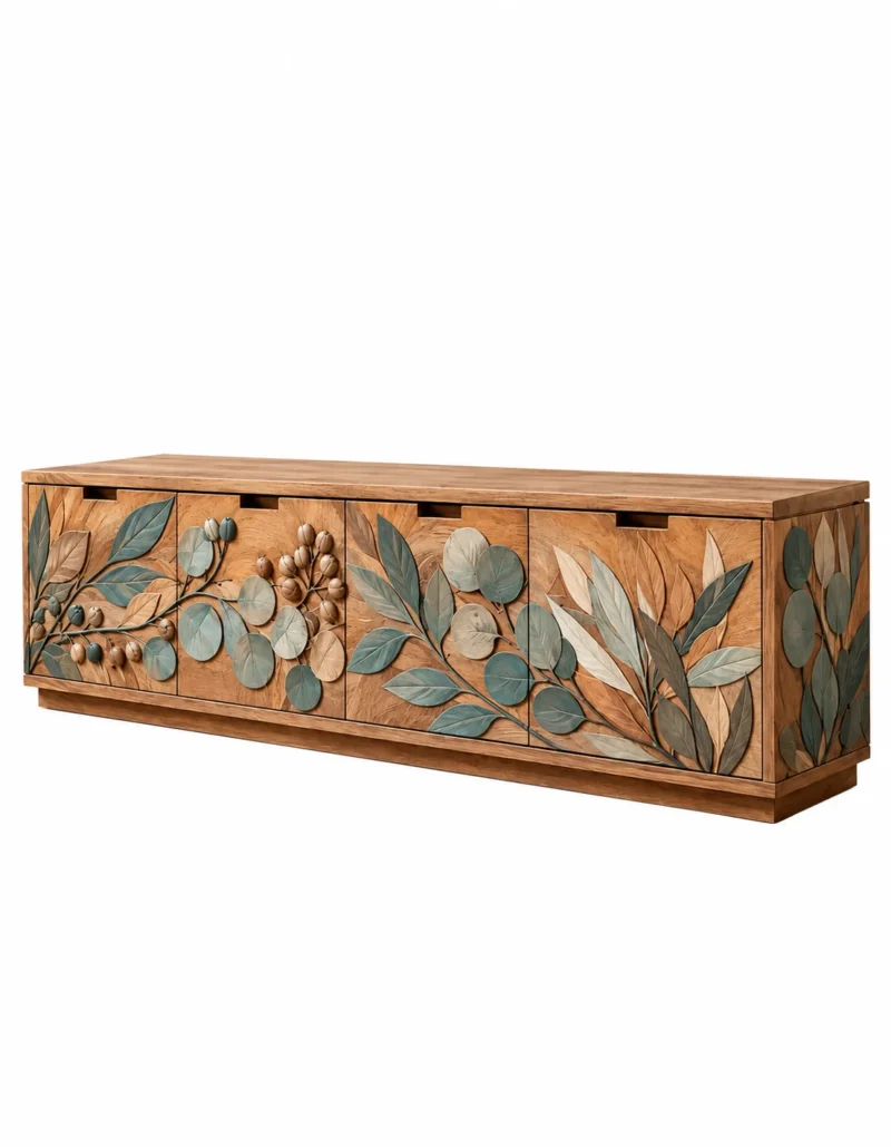 Evara Botanica leaf design TV cabinet with storage and botanical wooden-look front