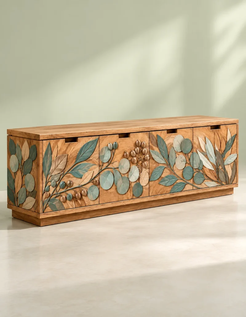 Evara Botanica leaf design TV cabinet with storage and botanical wooden-look front
