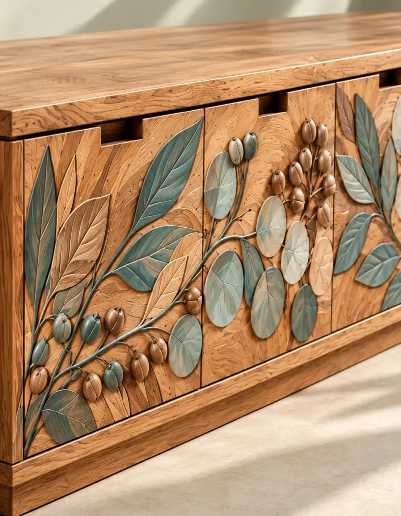 Evara Botanica leaf design TV cabinet with storage and botanical wooden-look front