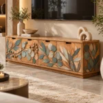 Evara Botanica leaf design TV cabinet with storage and botanical wooden-look front