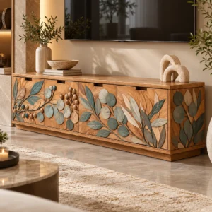 Evara Botanica leaf design TV cabinet with storage and botanical wooden-look front