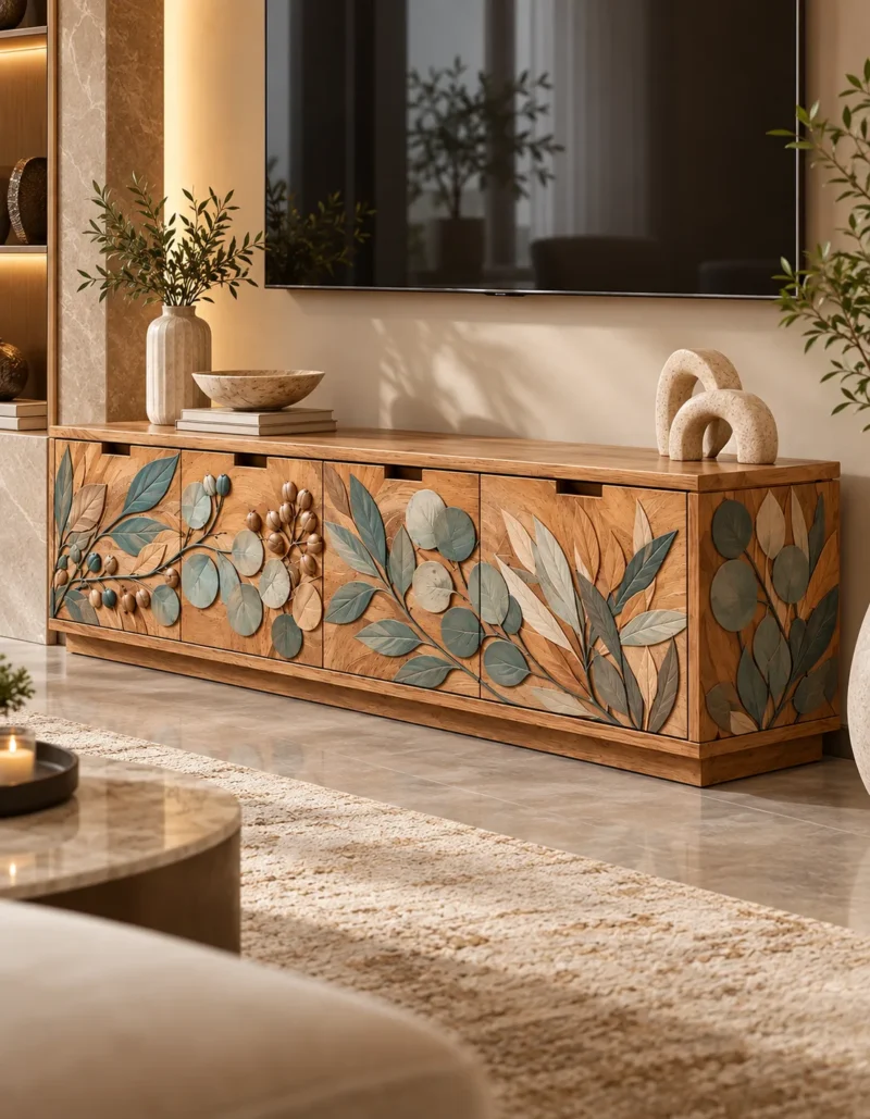 Evara Botanica leaf design TV cabinet with storage and botanical wooden-look front