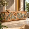 Evara Botanica leaf design TV cabinet with storage and botanical wooden-look front