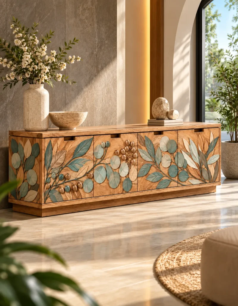Evara Botanica leaf design TV cabinet with storage and botanical wooden-look front