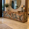 Evara Botanica leaf design TV cabinet with storage and botanical wooden-look front