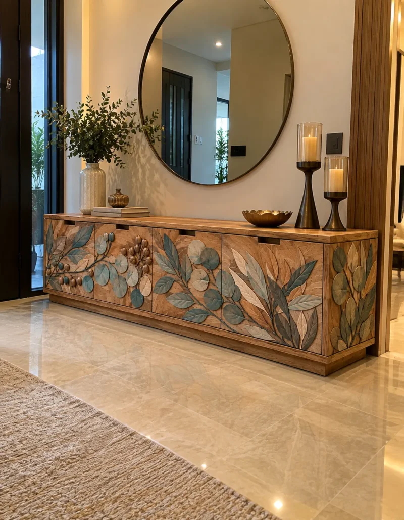 Evara Botanica leaf design TV cabinet with storage and botanical wooden-look front